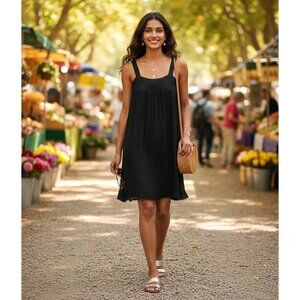 Eileen Fisher Black Lightweight Crinkle Chiffon Sleeveless Silk Dress XS